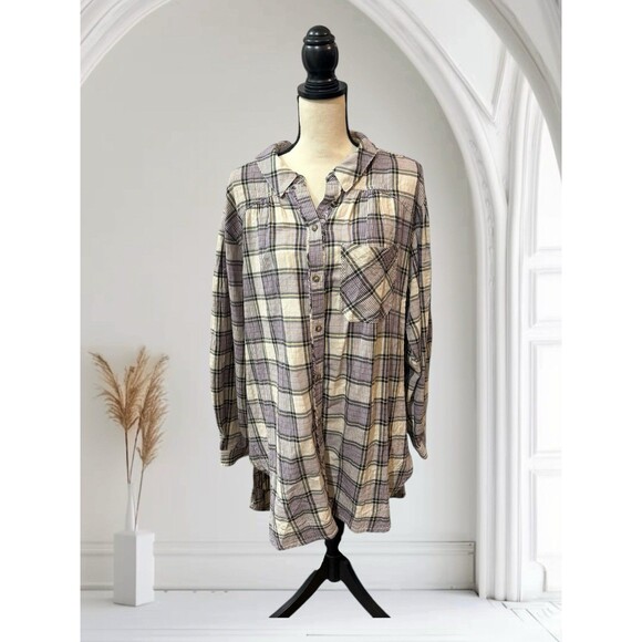 Free People Wild Side Plaid Tunic Top Size Small Button Front Oversized Back Tie - Picture 1 of 7